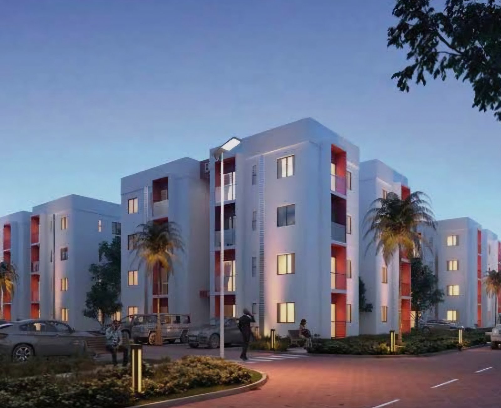 Nairobi apartment development exterior at dusk
